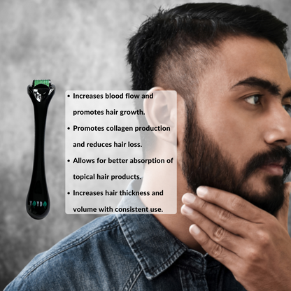 South Asian bearded man and a notation of the benefits of dermarolling