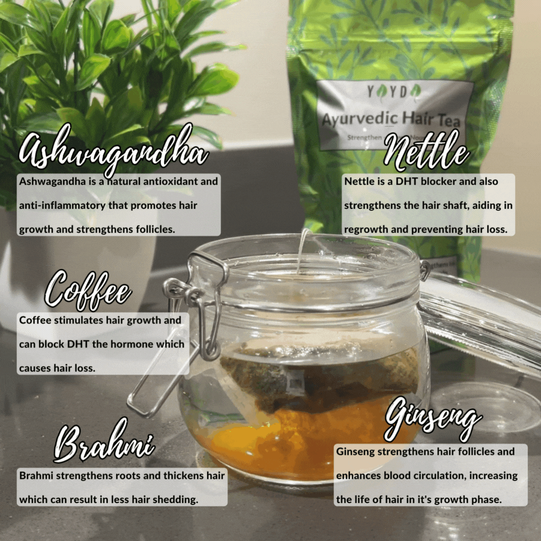 A clip of hair tea brewing in hot water with text highlighting benefits